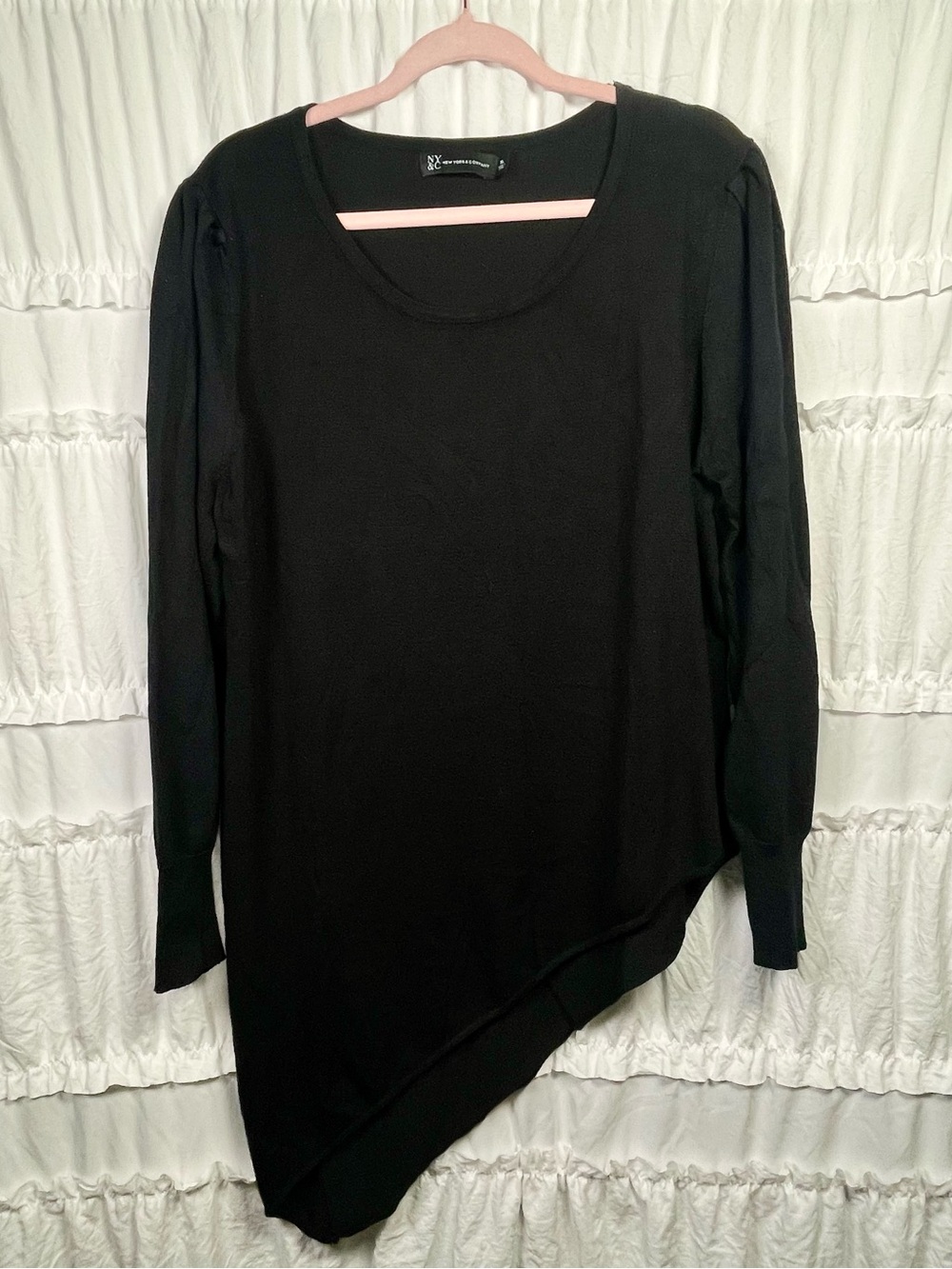 NY & Company Blouse XL Long Sleeve Knit Tunic Black High Low Stretch Minimalist